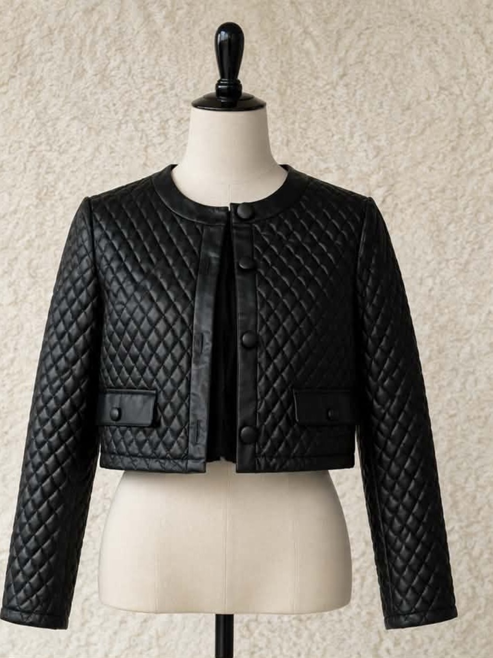 Zara Black Quilted Cropped Faux Leather Jacket